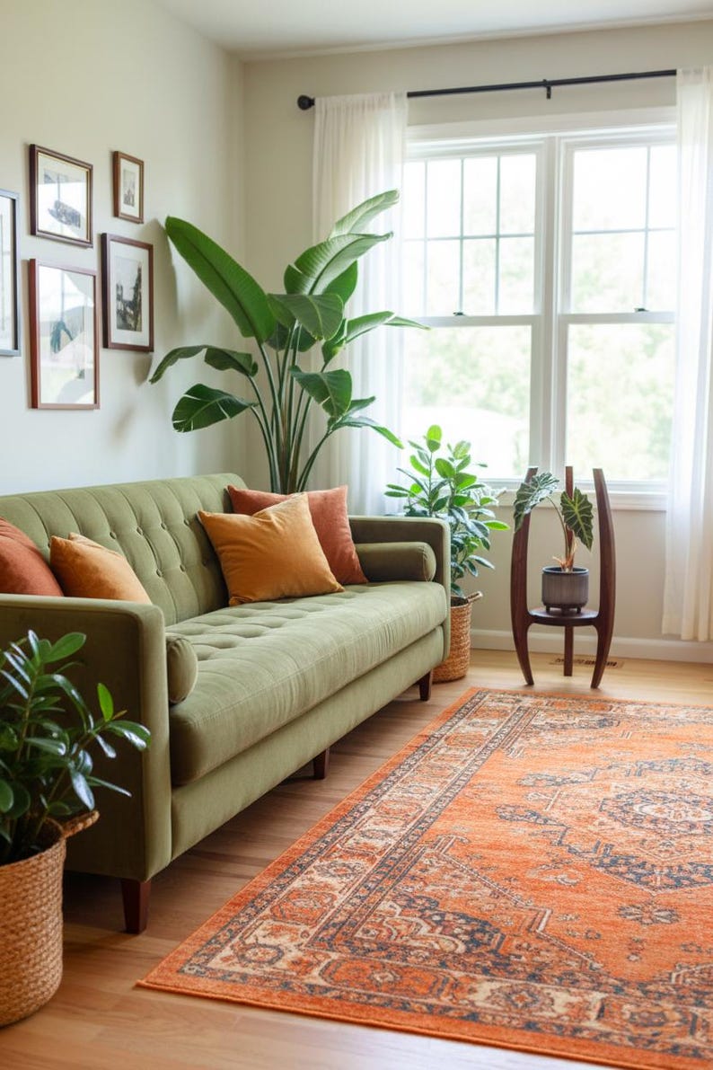 May include: A living room scene featuring a green sofa with orange pillows, a patterned orange rug, and various potted plants. The room has a bright, airy feel with natural light from a large window.