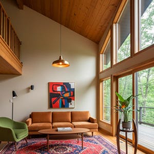 May include: A living room with a mid-century modern design. Features include a brown sofa, green armchair, and a patterned red and blue rug. A large abstract painting hangs above the sofa. The room has large windows and a wooden ceiling.