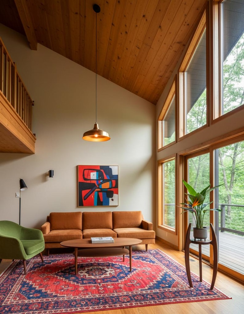 May include: A living room with a mid-century modern design. Features include a brown sofa, green armchair, and a patterned red and blue rug. A large abstract painting hangs above the sofa. The room has large windows and a wooden ceiling.