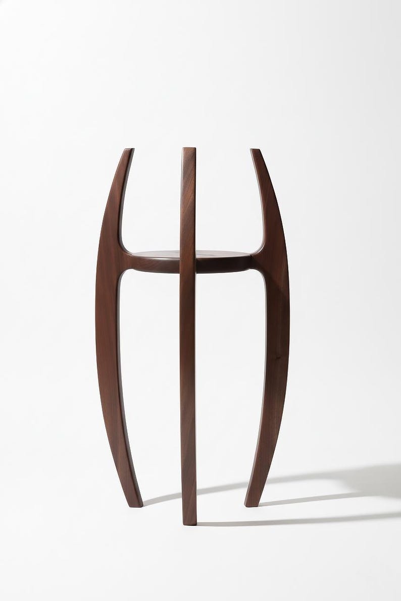 May include: A dark brown wooden side table with a unique, open design. The table features curved legs that rise to meet a circular shelf, with a central vertical support. The overall height is approximately 30 inches.