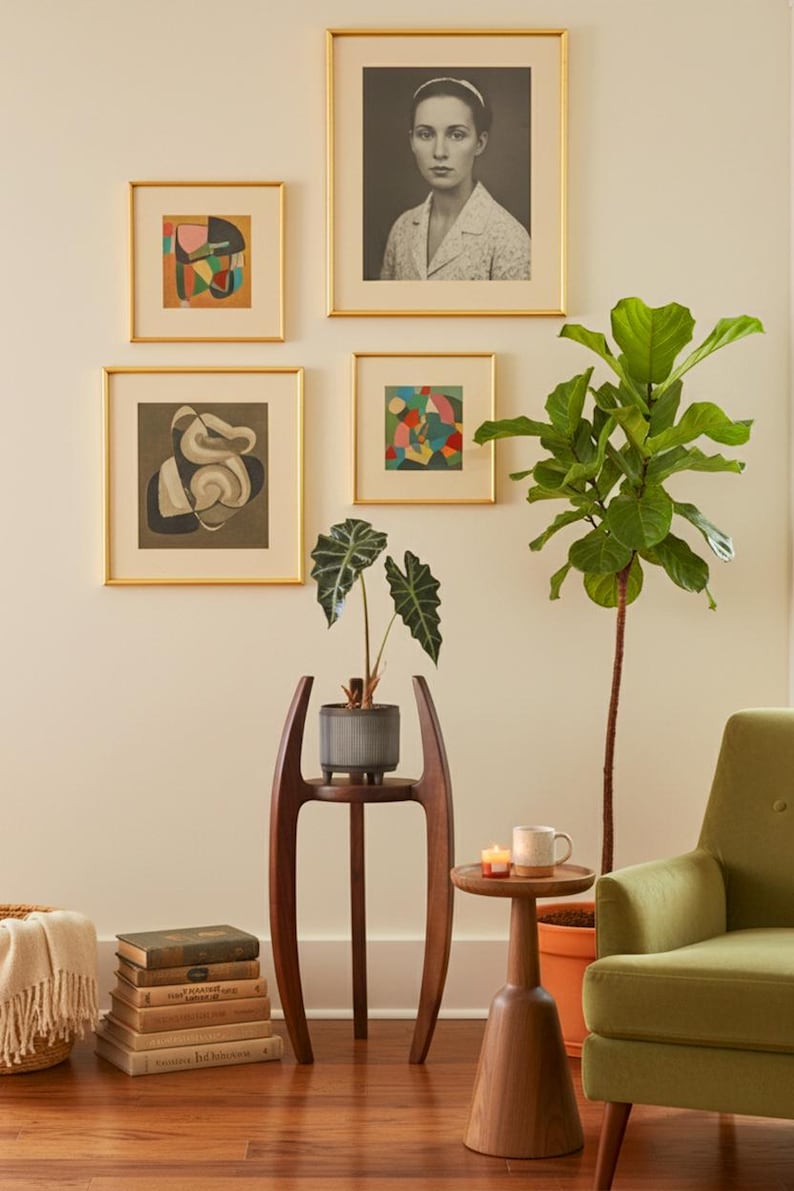 May include: A living room scene featuring framed artwork, a potted plant on a wooden stand, and a green armchair. The artwork includes a portrait and abstract pieces. A small side table holds a mug and candles.
