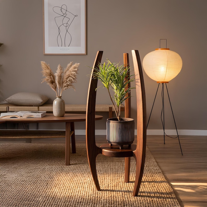 Handcrafted Walnut Wood Plant Stand | Mid-Century Modern Home Decor image 2