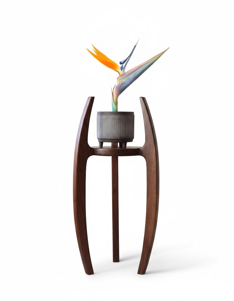 May include: A Bird of Paradise plant in a gray ceramic pot sits on a dark brown wooden plant stand. The stand has a three-legged base and a curved, open design. The flower has orange, blue, and green petals.
