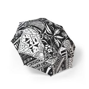 Künstlerischer faltbarer Regenschirm mit Tribal-Design, stilvolle Regenkleidung, einzigartige Geschenke für Sie / Ihn, Boho Chic-Regenschirm, Reise-Essmental