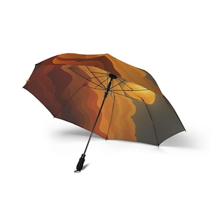 Künstlerischer halbautomatischer Regenschirm mit Sonnenuntergangsdesign, schicke Regenkleidung, tragbarer Sonnenschirm, einzigartiges Geschenk für sie, stilvoller Wetterschutz
