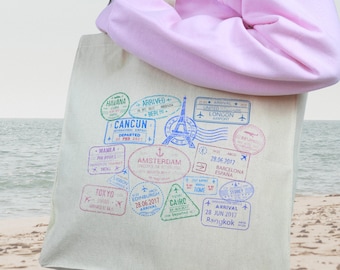 Passport Stamp Canvas Travel Tote Bag: Eco-Friendly Reusable Shoulder Bag