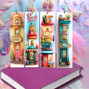 May include: Four colorful, whimsical bookmarks featuring illustrations of bookshops. Each bookmark has a different design, including a pink door, a red awning, and a blue door. The words "Book Shop" are visible on the bookmarks.