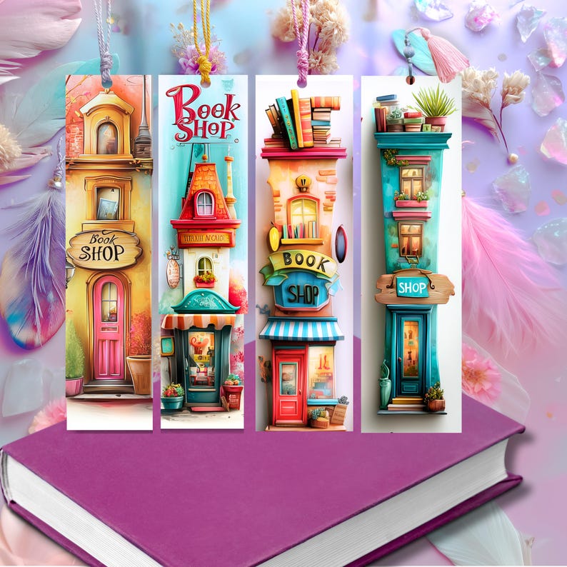 May include: Four colorful, whimsical bookmarks featuring illustrations of bookshops. Each bookmark has a different design, including a pink door, a red awning, and a blue door. The words "Book Shop" are visible on the bookmarks.