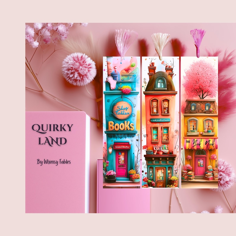May include: A pink book cover with the text "Quirky Land" and "By Whimsy Fables." The image also features three colorful illustrations of whimsical bookshops, each with unique architectural details and vibrant colors. Decorative floral accents.