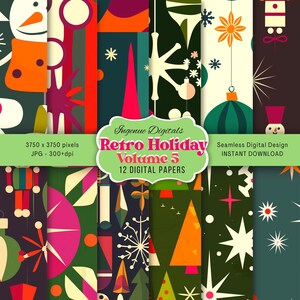 May include: A collection of 12 digital papers with a retro holiday theme. The designs feature geometric shapes, snowflakes, Christmas trees, and ornaments in a palette of orange, green, red, and white. The image includes the text "Retro Holiday Volume 5".