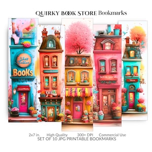 Puede incluir: Juego de 10 marcapáginas imprimibles con ilustraciones coloridas de fachadas de librerías caprichosas. Cada marcapáginas mide 5.08 cm x 17.78 cm y muestra el texto "QUIRKY BOOK STORE Bookmarks". Alta calidad, uso comercial.