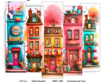 Whimsical Books Printable Bookmarks, Bookstore Digital Bookmark Sheets, Kids Paper Craft Book Shops Bookmarks