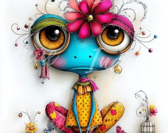 Boho Frog Clipart | Whimsical Animal PNG, JPG (Digital Download)