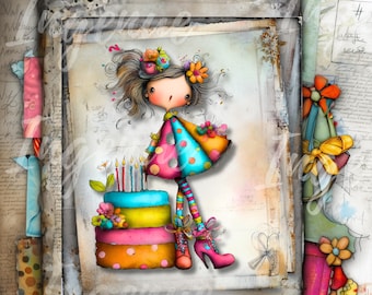 Watercolor Girls Clip Art: Whimsical Quirky Junk Journal Kits (Digital Download JPG)