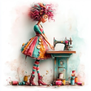 Quirky Sewing Girls Clip Art 10 High Res Watercolor JPGs for Junk Journaling, Scrapbooking, Card Making, Digital Download Kit, Whimsical