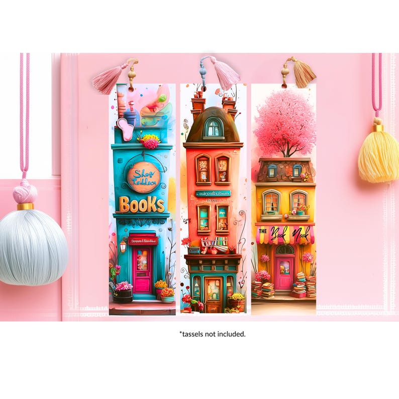 May include: Three colorful, illustrated bookmarks featuring whimsical buildings with the text "Books" and "The Book Nook." Each bookmark has a tassel. The image is set against a pink background.