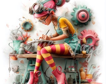 Steampunk Inventor Girl Clipart | Whimsical Gadget Illustrations (Digital Download)