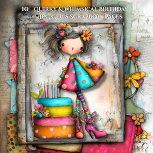 Quirky Birthday Girls Clip Art 10 High Res Watercolor JPGs for Junk Journaling, Scrapbooking, Card Making, Digital Download Kit, Whimsical