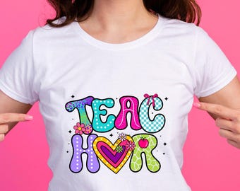 Retro Teacher Heart PNG | Colorful Sublimation Design (Digital Download)