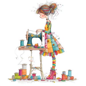 Watercolor Sewing Girls Clip Art: Junk Journaling Graphics (Digital Download)
