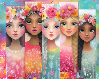 Boho Floral Girl Bookmarks: Whimsical Book Lover Gift (Digital Download, Set of 10)