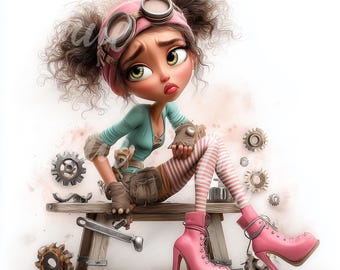 Pink Steampunk Girl Clipart | Whimsical Inventor Art (Digital Download)