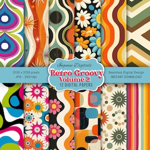 May include: A collection of 12 digital papers with retro groovy designs. The patterns feature vibrant colors and bold shapes, including flowers, waves, and geometric patterns. The image includes the text "Retro Groovy Volume 2" and "Instant Download".