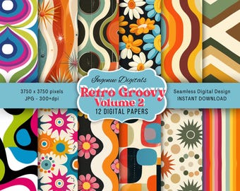 Retro 70s Digital Paper Pack | Groovy Floral Seamless Patterns (Digital Download)