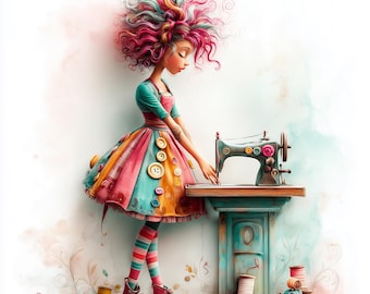 Whimsical Sewing Girls Clip Art: Quirky Junk Journal Kits (Digital Download, 12x12 JPGs)