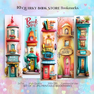 May include: Set of 10 printable bookmarks featuring whimsical illustrations of bookshops. Each bookmark is 2x7 inches and showcases colorful storefronts with the text "Book Shop". The design includes vibrant colors and architectural details.