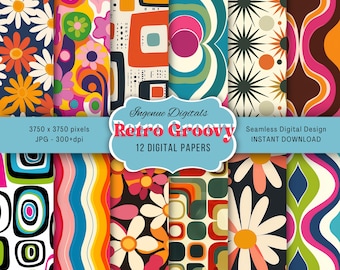 Retro Groovy Digital Papers | 70s Seamless Patterns | Funky Psychedelic Junk Journal | Hippie Scrapbook Background Printable Paper Pack