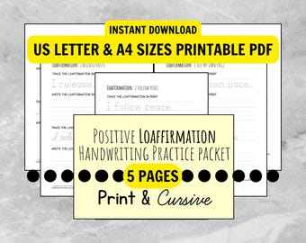 Affirmation Handwriting Practice: Cursive & Print Worksheet Bundle (PDF Download)