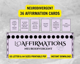 May include: A digital download featuring 36 affirmation cards for neurodivergent individuals. The design includes a yellow banner with the text "NEURODIVERGENT 36 AFFIRMATION CARDS". The cards have affirmations such as "I exist without having to explain myself."