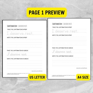 May include: Preview of a handwriting practice page with the text "PAGE 1 PREVIEW". The page includes the affirmation "I deserve rest" in print and cursive, with lines for tracing and writing. The page is available in US Letter and A4 sizes.