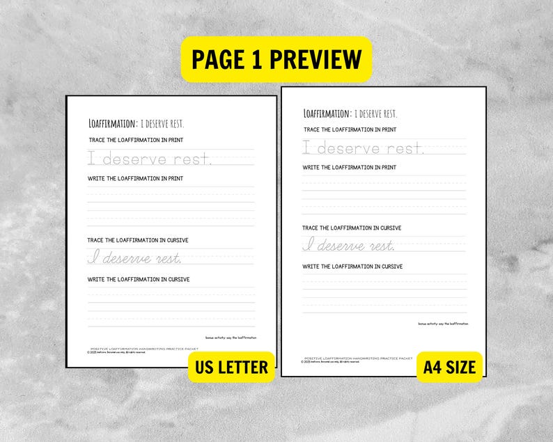 May include: Preview of a handwriting practice page with the text "PAGE 1 PREVIEW". The page includes the affirmation "I deserve rest" in print and cursive, with lines for tracing and writing. The page is available in US Letter and A4 sizes.