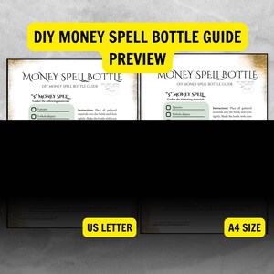 May include: Preview of a DIY Money Spell Bottle Guide. The guide includes instructions for a "5 Money Spell" with a list of materials and instructions. The preview shows both US Letter and A4 size options.