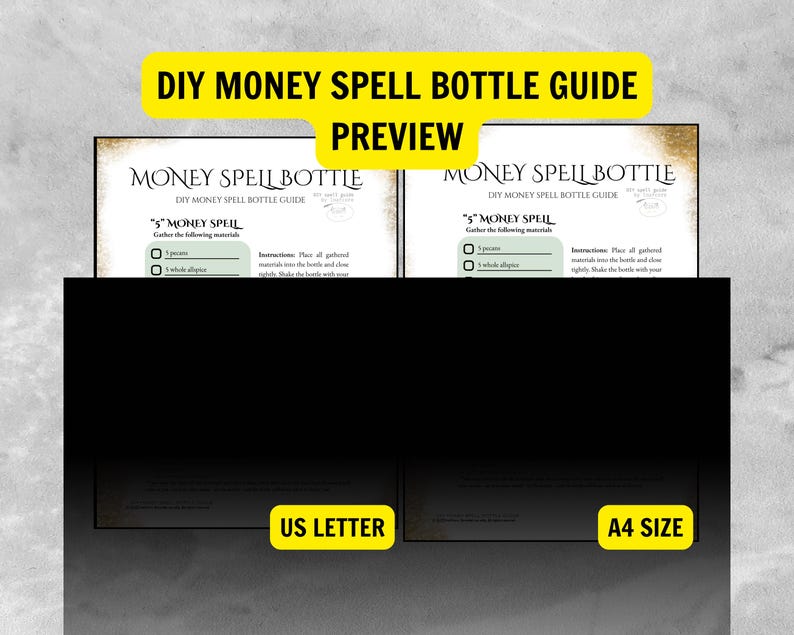 May include: Preview of a DIY Money Spell Bottle Guide. The guide includes instructions for a "5 Money Spell" with a list of materials and instructions. The preview shows both US Letter and A4 size options.