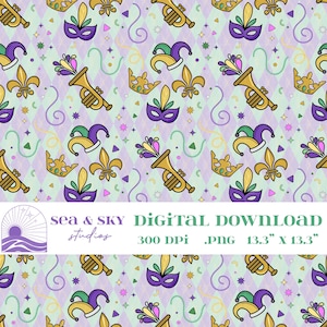 May include: A digital download featuring a repeating pattern of Mardi Gras symbols. The design includes purple masks, gold trumpets, fleur-de-lis, and jester hats on a light green and purple diamond background. The image is 13.3" x 13.3".