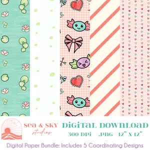 May include: Digital paper bundle featuring five coordinating designs. Patterns include lily pads, polka dots, candy characters, pink gingham with bows and hearts, red stripes, and tiny hearts. The text reads "Sea & Sky Studios, Digital Download, 300 DPI, .PNG, 12" x 12".