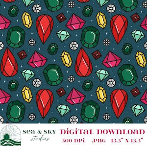 Gemstone Pattern Seamless PNG, Teal Jewel Tone Sparkle Design | Digital Download PNG