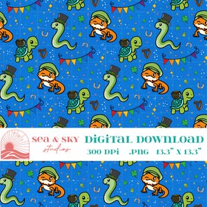 Puede incluir: Patrón digital repetitivo con serpientes, lagartos y tortugas de dibujos animados, todos con sombreros del Día de San Patricio. El fondo azul presenta tréboles, herraduras y arpas. El texto "sea & SKY DIGITAL DOWNLOAD" es visible.