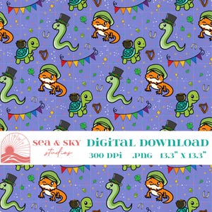 Puede incluir: Un patrón digital con ilustraciones temáticas del Día de San Patricio. El diseño incluye serpientes, tortugas y lagartos de dibujos animados con sombreros de duende, junto con arpas, herraduras y tréboles sobre un fondo púrpura. Se incluye el texto "Digital Download".