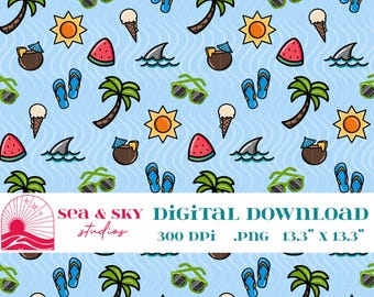 Blue Shark Beach Seamless Pattern, Ocean Boys Summer Design | Digital Download PNG
