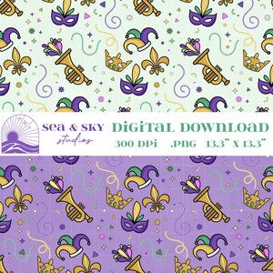 Könnte beinhalten: Digitaler Download mit einem sich wiederholenden Muster von Mardi-Gras-Symbolen. Das Design umfasst lila Masken, Fleur-de-Lis, Trompeten und Narrenhüte in Gold, Lila und Grün auf hellgrünem und lila Hintergrund. Der Text "sea & sky studios DIGITAL DOWNLOAD 300 DPI .PNG 33,8 cm X 33,8 cm" ist ebenfalls enthalten.