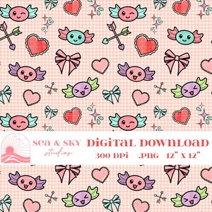 May include: A digital download pattern featuring repeating illustrations of cartoon candies with wings, hearts, bows, and arrows on a pink gingham background. The text "sea & sky studios DIGITAL DOWNLOAD 300 DPI .PNG 12" x 12"" is also included.