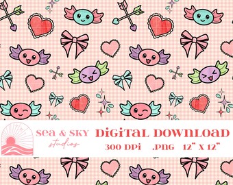 Axolotl Liebe Musterdesign, Pastell Kawaii Design | Digitaler Download PNG