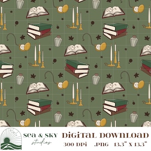 Vintage Books Seamless Pattern, Sage Green Study | Digital Download PNG
