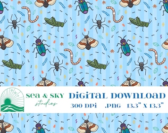 Patrón sin costuras de insectos azules, diseño de bichos espeluznantes para niños / Descarga digital PNG