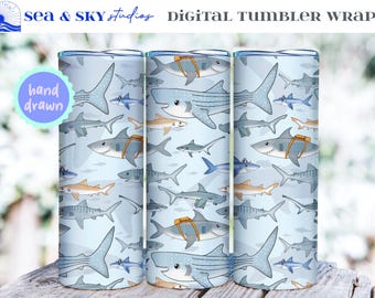 Back to School Sharks Tumbler Wrap, Kids Ocean 20oz Skinny | Digital Download PNG