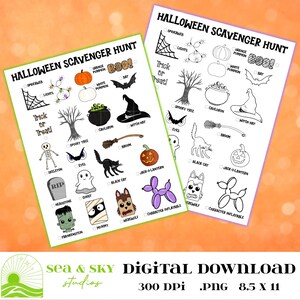 May include: Two Halloween Scavenger Hunt printable sheets. Each sheet features a checklist of Halloween-themed illustrations, including pumpkins, bats, and a witch hat. The sheets are 21.59 x 27.94 cm and are a digital download.
